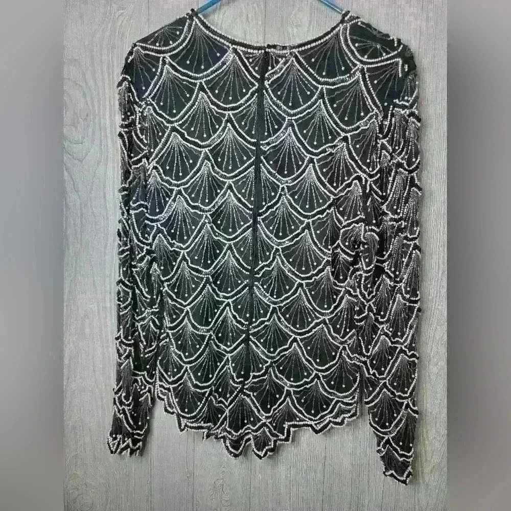 Laurence Kagar Black Color Silk Sequin Beaded Pearl Blouse.SIZE L - Picture 4 of 7